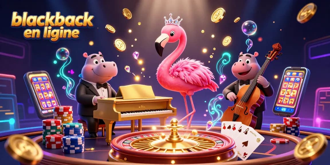 Jouez au blackjack en ligne avec une ambiance de casino animée, remplie de pièces et de cartes.