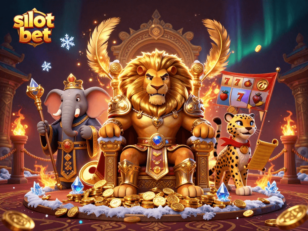 Taruhan slot bet dengan karakter singa, gajah, dan cheetah dalam ilustrasi kasino yang memikat