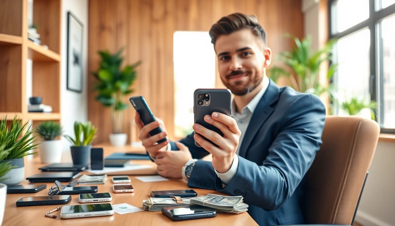 Sell your phone instant cash with a focus on used phones and cash on a modern desk.