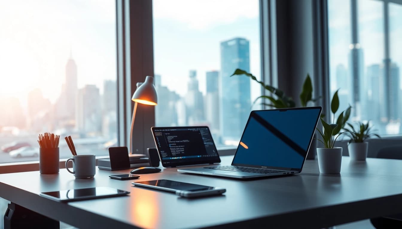 Engage with Technology in a modern workspace featuring sleek devices and a vibrant city view.