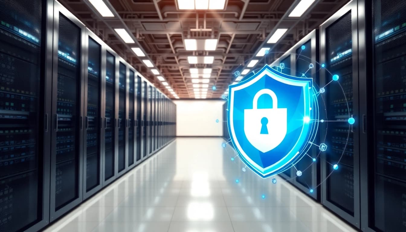 Visual representation of CDN with DDoS Protection featuring interconnected servers and security elements.