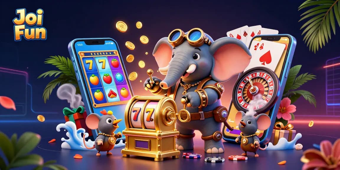 Engage in Joi Fun with thrilling slot action featuring colorful reels, golden coins, and vibrant characters.