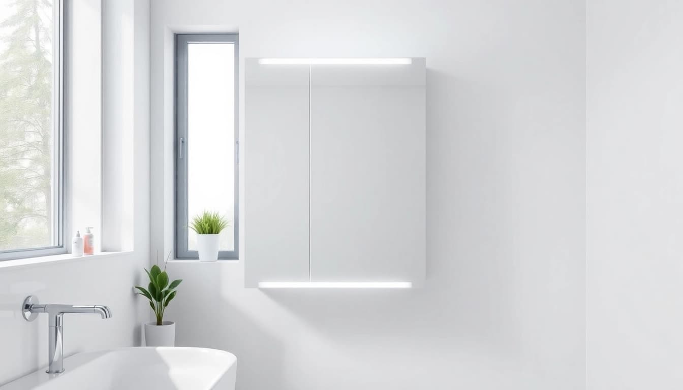 Explore a stylish bathroom cabinet with mirror and light perfectly illuminated in a modern setting.