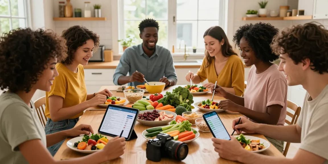 Friends using the best macro tracking app while cooking healthy meals together in a warm kitchen.