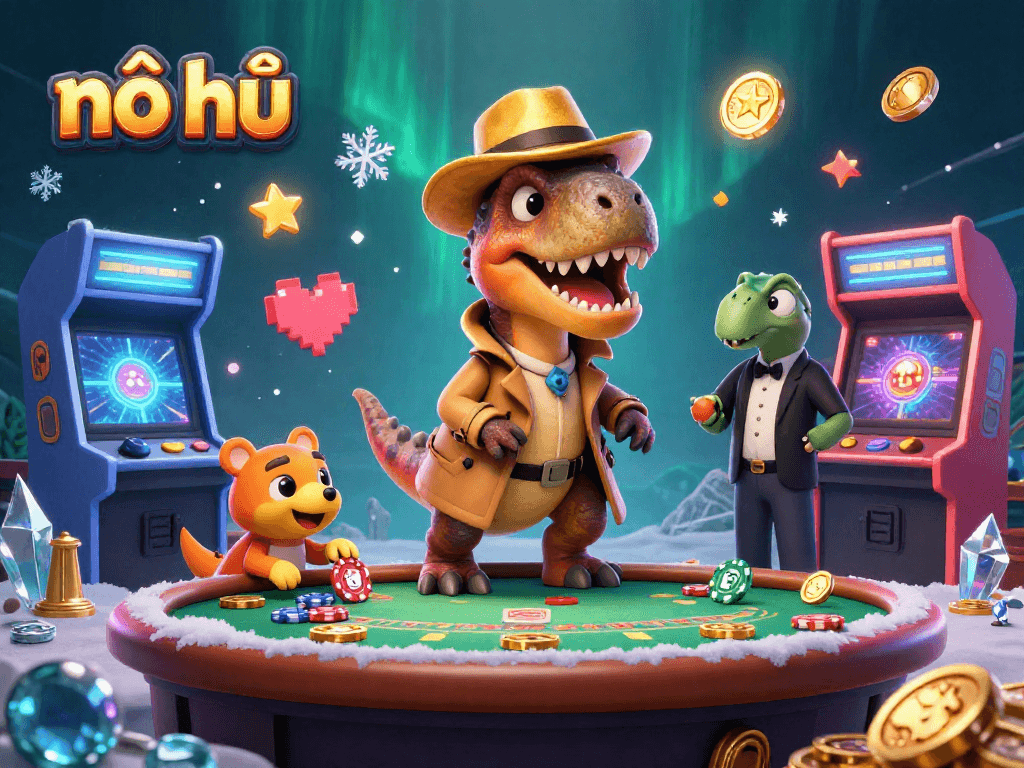 Experience nổ hũ excitement with cartoon dinosaurs in a dynamic casino scene full of energy and colorful gaming elements.