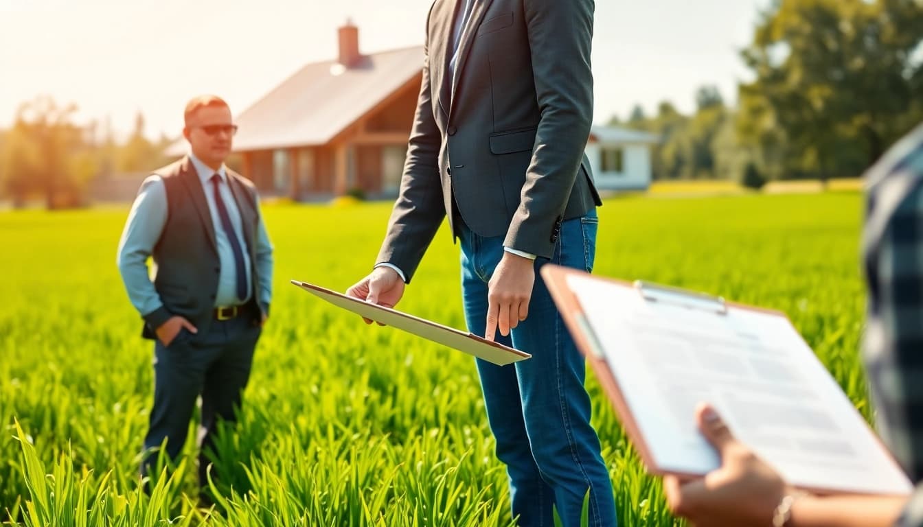 Consulting agriculture lawyer with a farmer on a contract in a lush field.