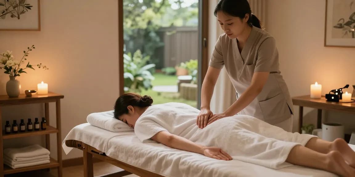 Swedish massage preparation scene from https://www.makangs.com/ with soft lighting, essential oils, and floral decor.