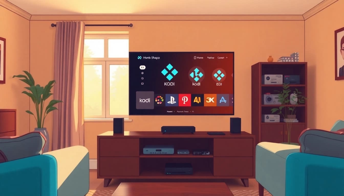 Engaging Kodi TV interface displayed in a stylish living room.