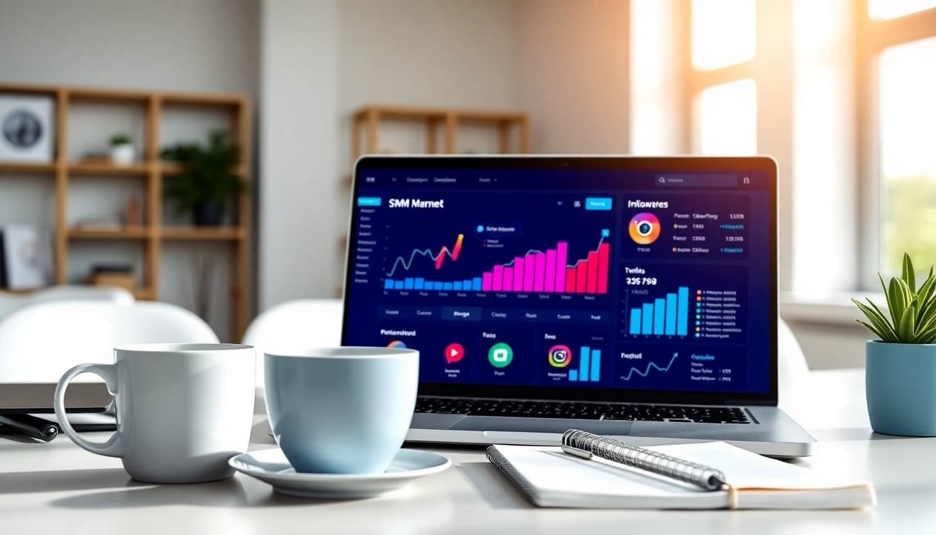 Analyze metrics on an Instagram smm panel in a bright office environment with vibrant growth graphs.