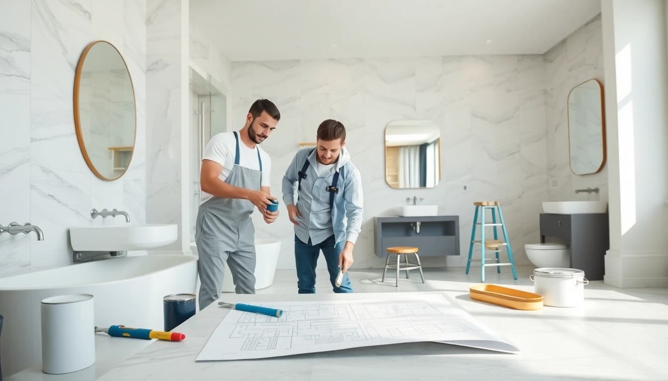 Bathroom contractors near me showcasing a renovation project with modern fixtures and tools.