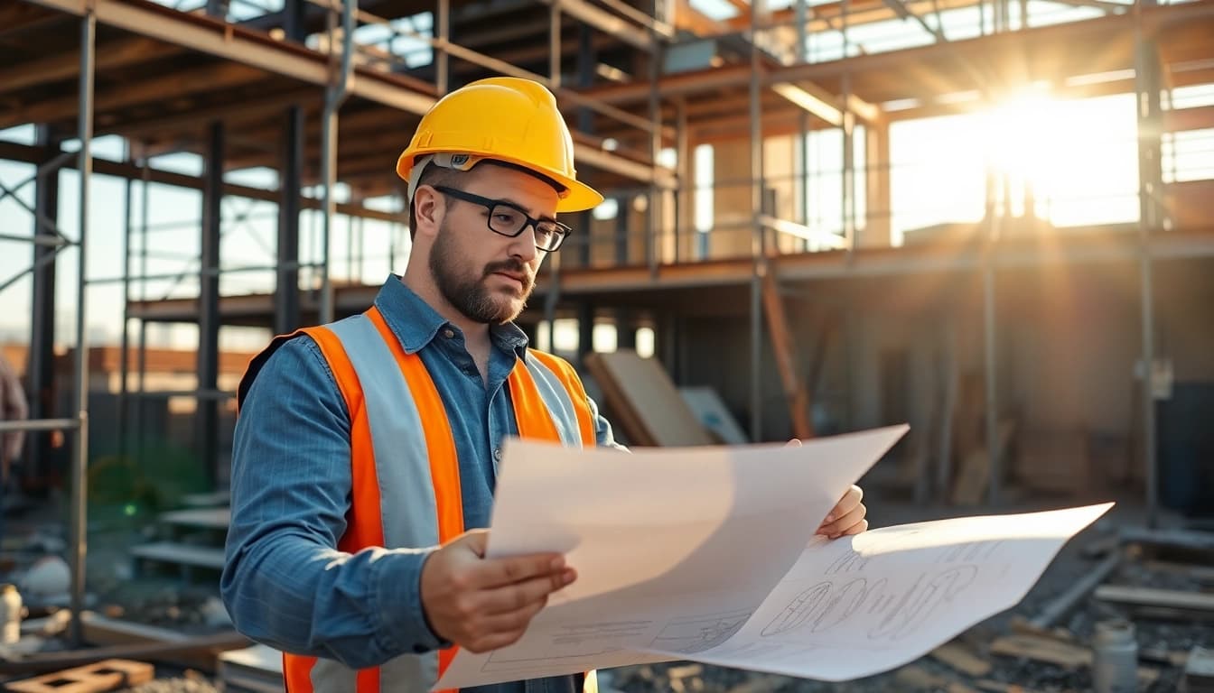 Builder reviewing plans on-site, showcasing the Texas association of builders and construction professionalism.