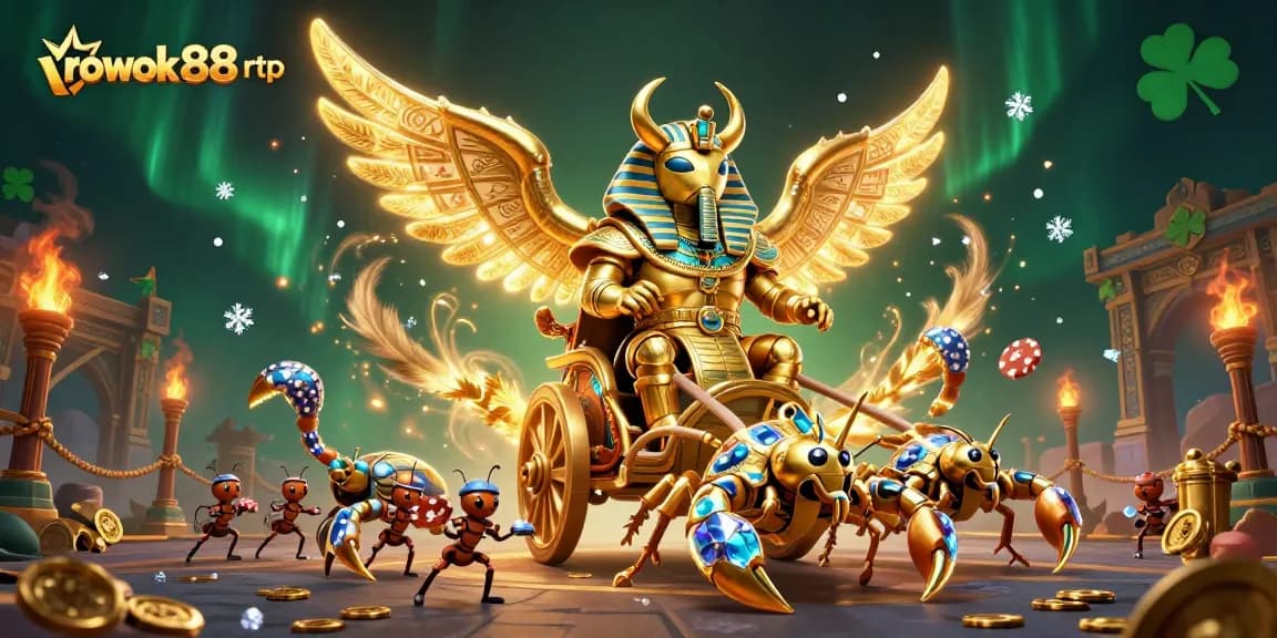 Experience the thrill of rokok88 rtp with vibrant golden scarab characters and casino elements.