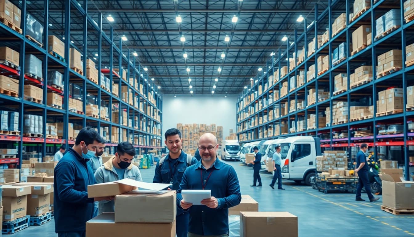 Efficient 3PL logistics operations in a professional warehouse setting with a diverse team.