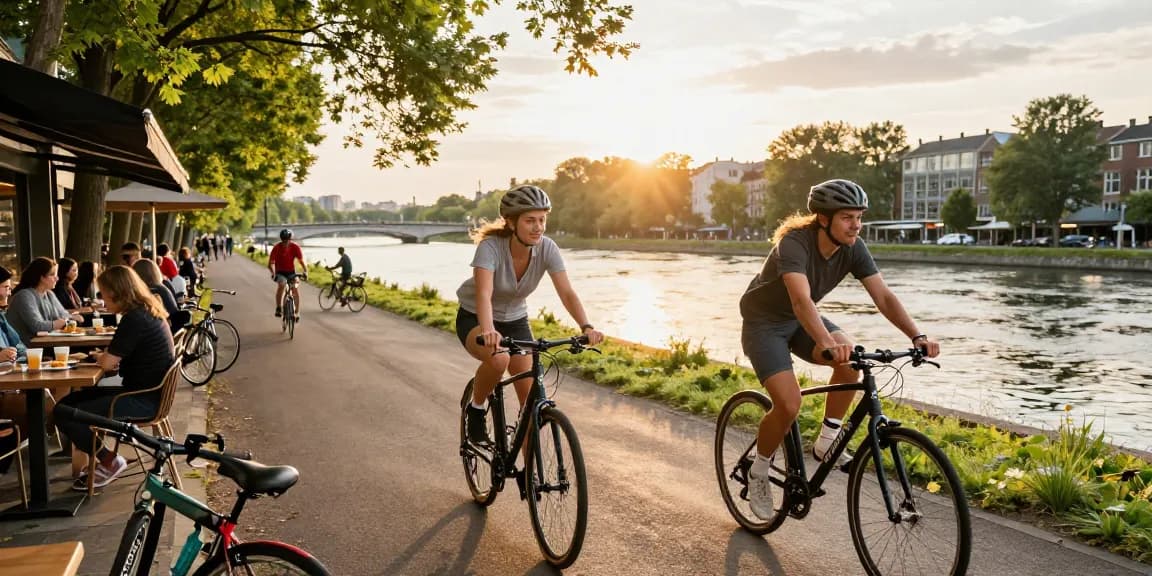 Doppio Bike riders enjoying a scenic urban path, epitomizing outdoor adventure.