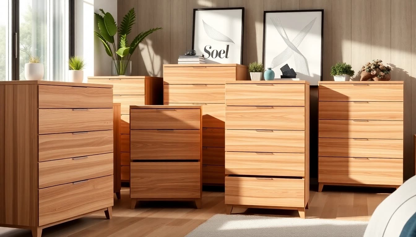 Stylish chest of drawers in a modern bedroom with natural wood tones.