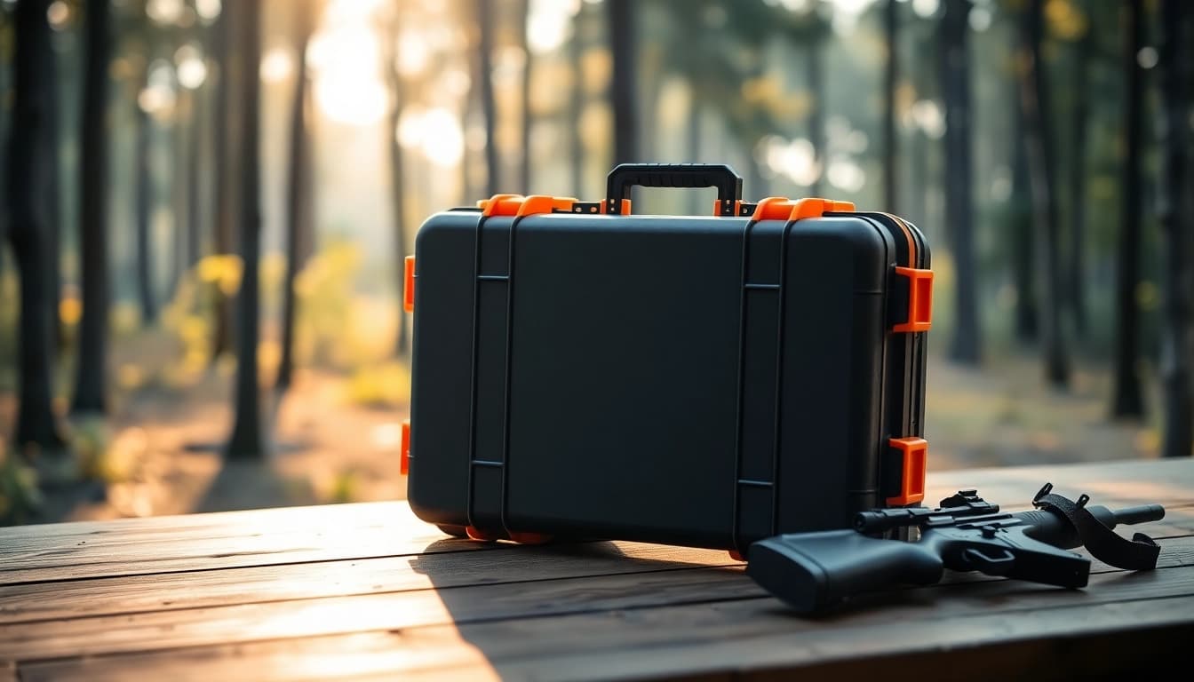 Showcasing a pelican rifle case with detailed texture against a natural backdrop, perfect for outdoor enthusiasts.