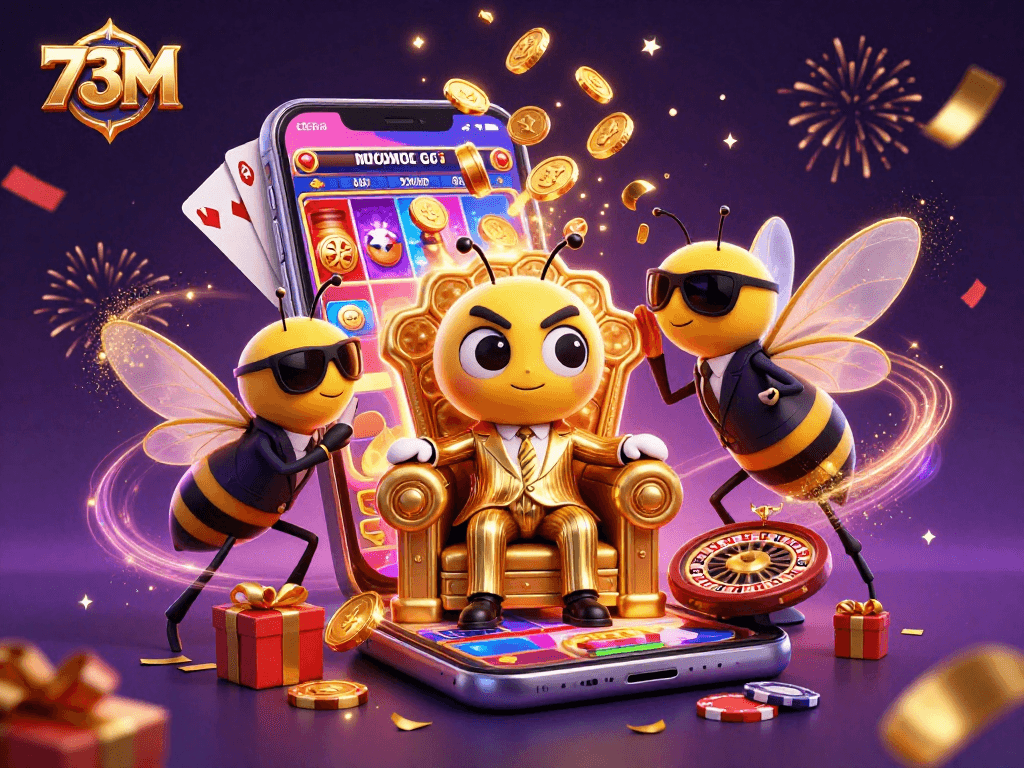 Nos jogos de cassino, 73M oferece uma ilustração vibrante de um chefão abelha com temática de cassino.