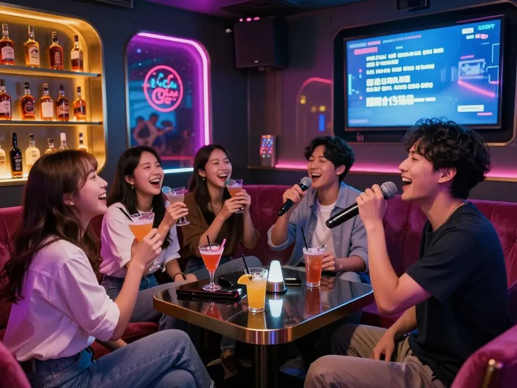 A lively karaoke night at https://www.magic4karaoke.com/ showcasing friends singing and enjoying drinks in a vibrant Jeju Island bar atmosphere.
