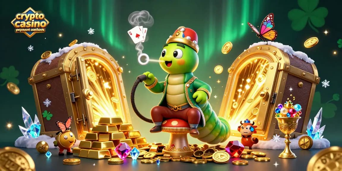 Engage with crypto casino payment methods through vibrant 3D illustration featuring a magical caterpillar and treasure elements.