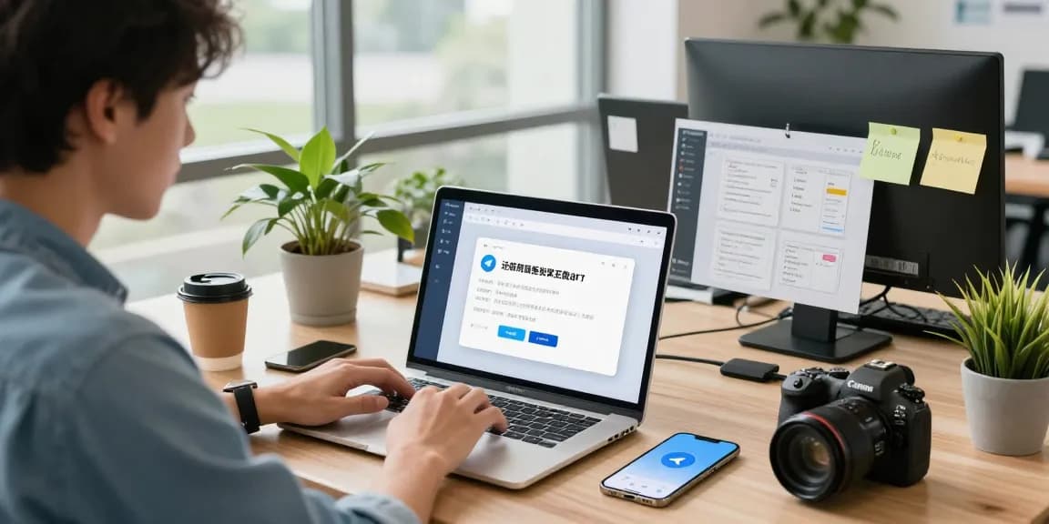 Setting up Telegram中文 on devices in a modern tech workspace
