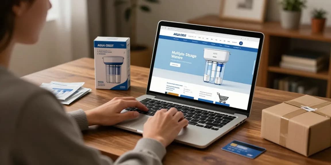 AQUA CREST Multiple-Stage Water Filters showcased in an engaging online shopping experience; best deals and product review visuals for e-commerce platforms.