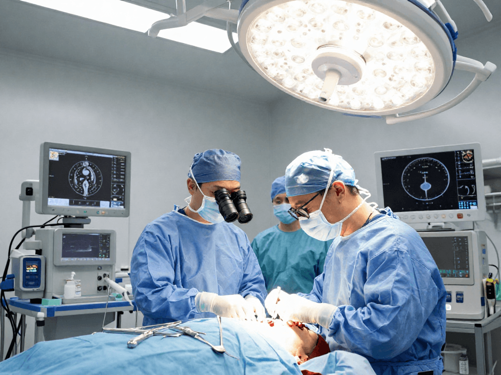 During a beyin tümörü ameliyatı, a neurosurgeon performs surgery with advanced equipment, showcasing a critical medical procedure.