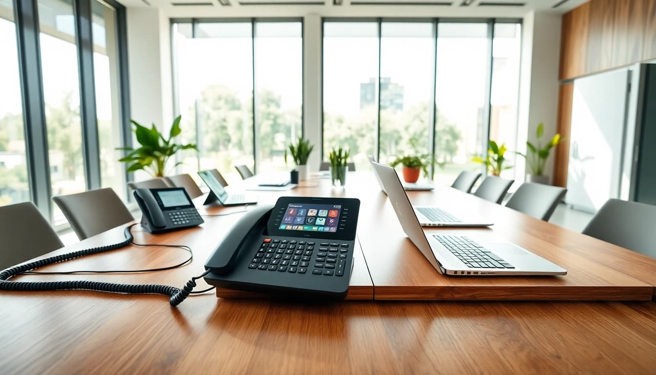 Showcasing business phone providers in a modern office environment with sleek tech setup.