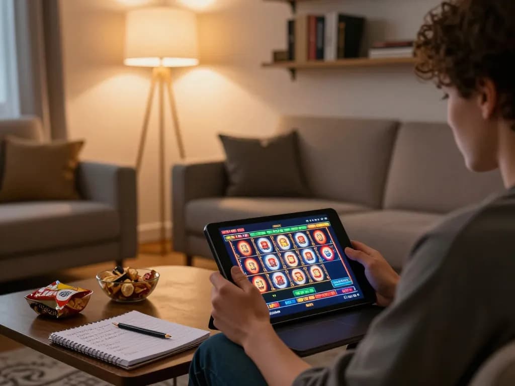 Engaged in slot online gaming on a tablet, person strategizes in cozy home setting.