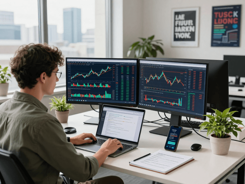 Developer analyzing stock market data with DAX index quote API in a vibrant fintech workspace.