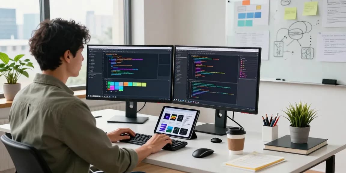 Capture the essence of 截图工具下载 in a modern tech workspace, showcasing a developer engaging with dual monitors, coding, and design tools.