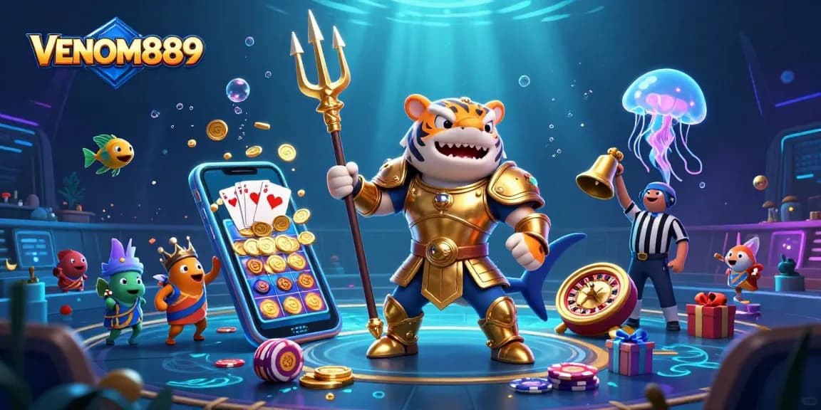 Experience thrilling action and rewards with VENOM889 in a vibrant underwater casino scene.