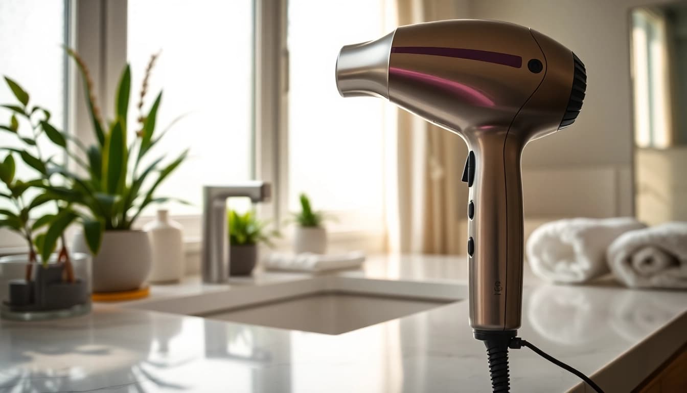 Using an ionic blow dryer to achieve sleek, shiny hair in a modern bathroom setting.