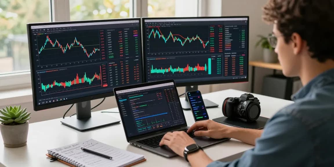 Person analyzing crypto price tracker data on multiple high-resolution screens in a modern workspace