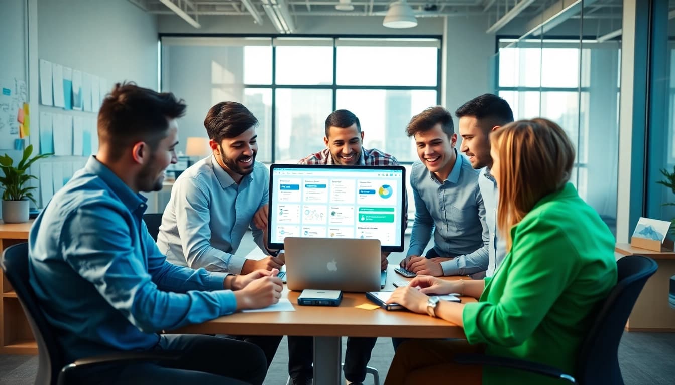 Engaging team discussing effective wordpress services in a bright, modern office environment.