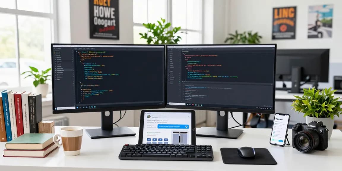 Developer customizing telegram中文 language settings on dual screens in a bright tech workspace