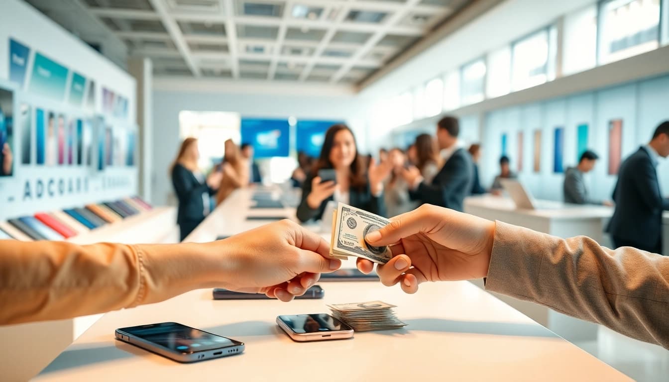 Sell your phone instant cash through a professional transaction in a modern retail environment.