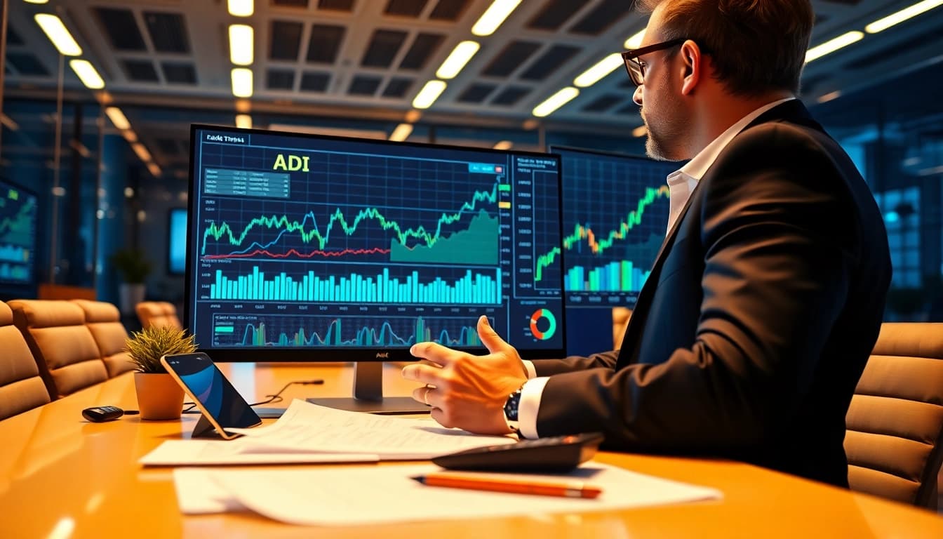 Analyze ADI stock price trends in a modern office setting with vibrant graphs.