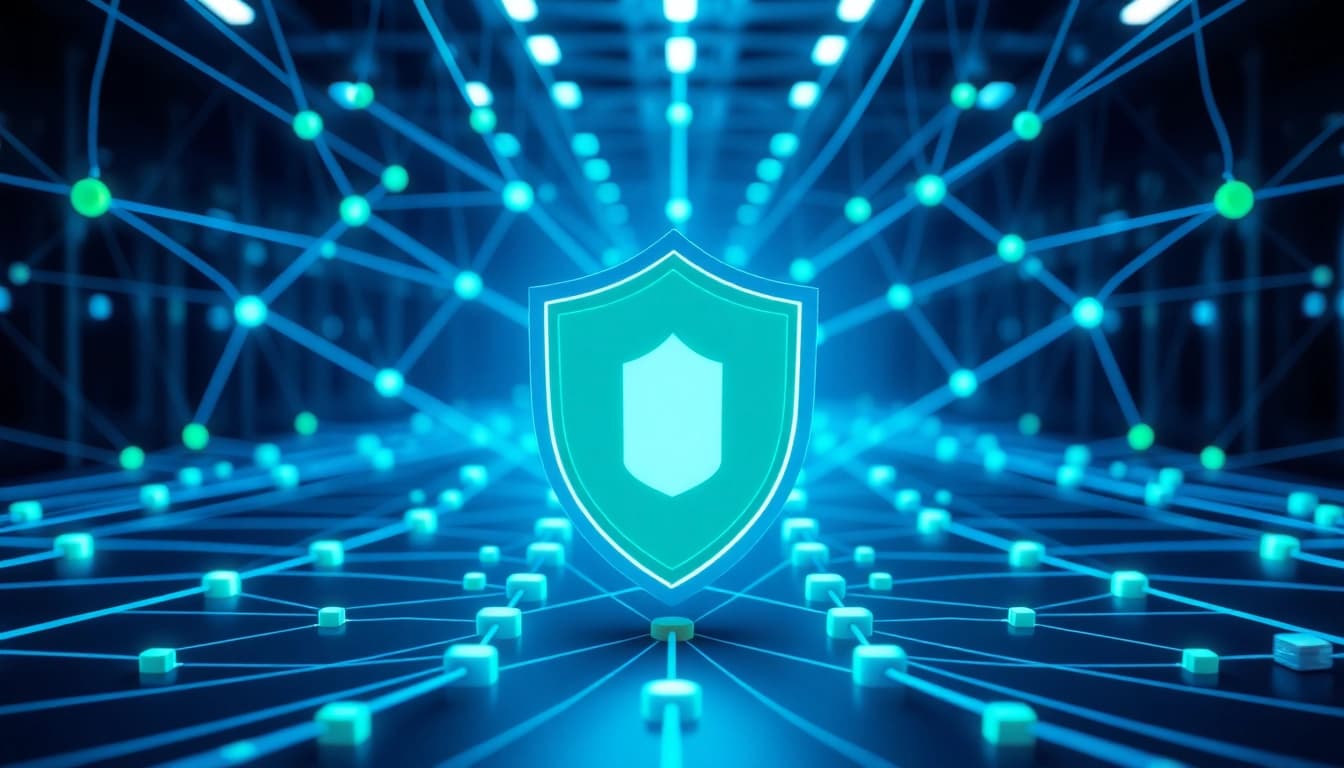 Enhance your website security with CDN with DDoS Protection represented by a shield and interconnected nodes.