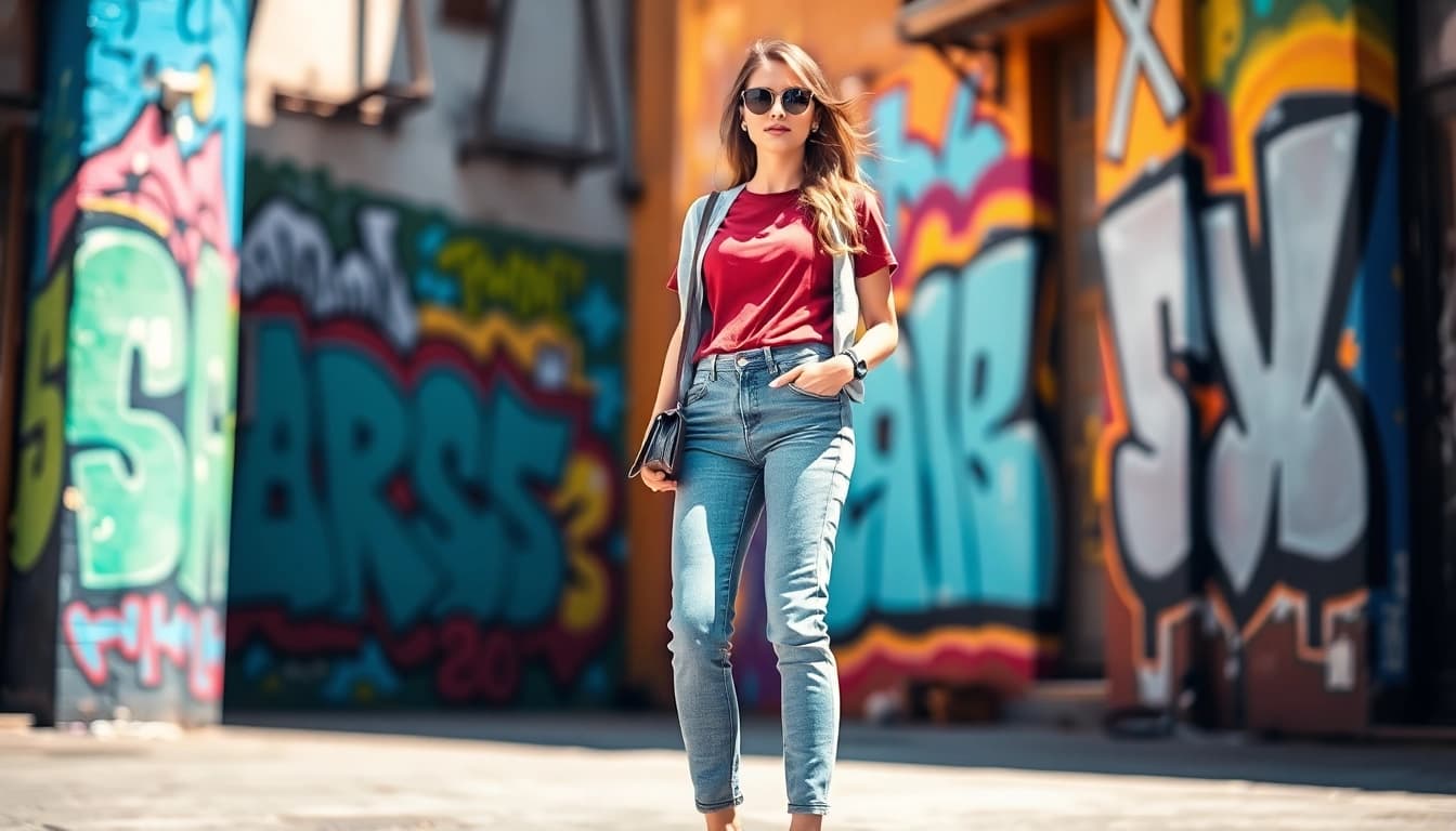 Model showcasing stylish womens tapered ankle jeans against a vibrant urban backdrop.