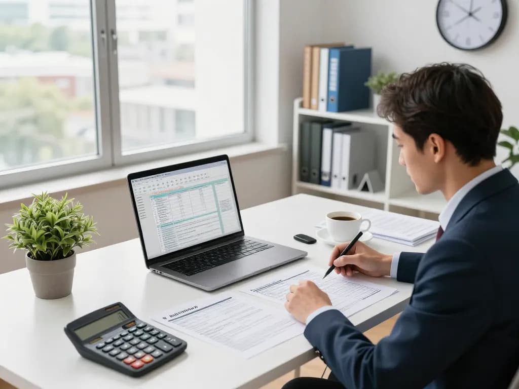 Chartered accountant preparing taxes in a professional workspace, read more here for expert services.
