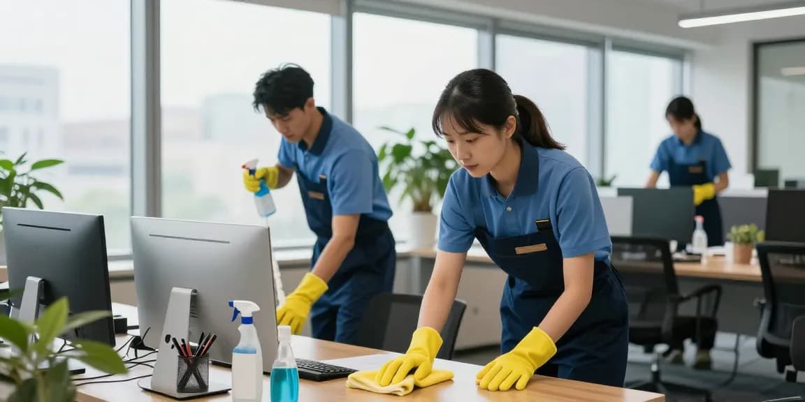 Professionelle Unterhaltsreinigungsfirma in Dortmund bei der Reinigung eines Büros mit modernem Equipment.