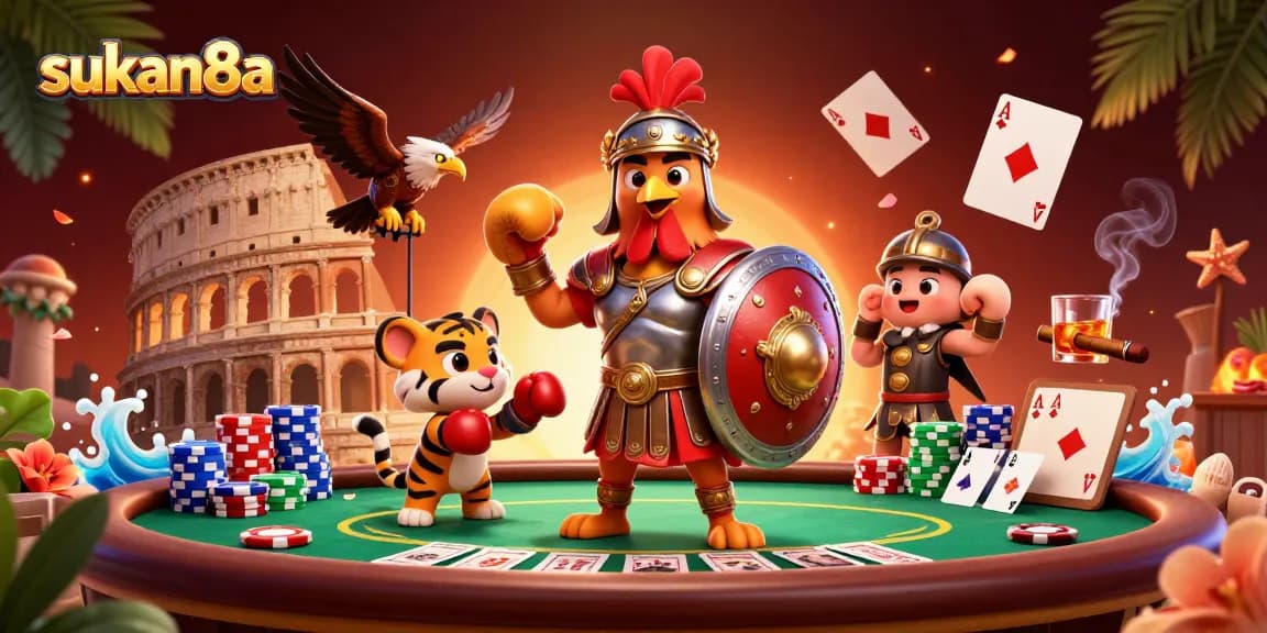 Experience the excitement of sukan8a with a vibrant casino scene featuring a gladiator rooster and poker elements.
