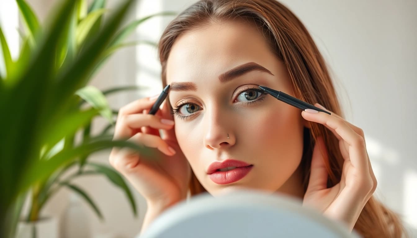 Model applying eyebrow pen in a bright bathroom, showcasing sleek design and natural beauty.