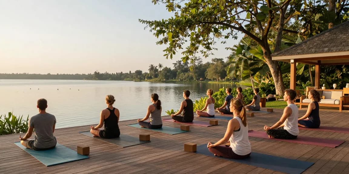 Yoga practitioners during Simon Borg-Olivier intensive Sri Lanka at Koggala Lake, serene lakeside setting.