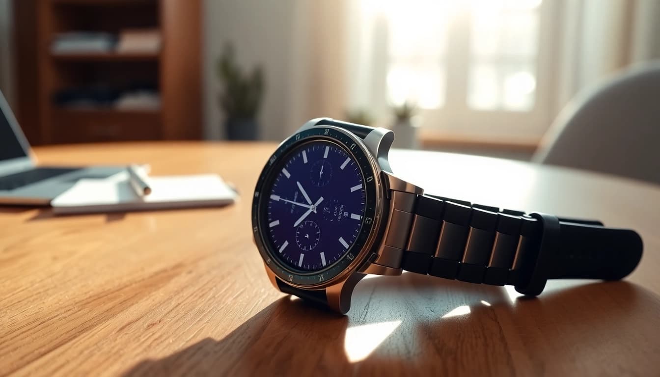 Showcasing the stylish Explorer Plus GPS Smart Watch on a table in an inviting home office.
