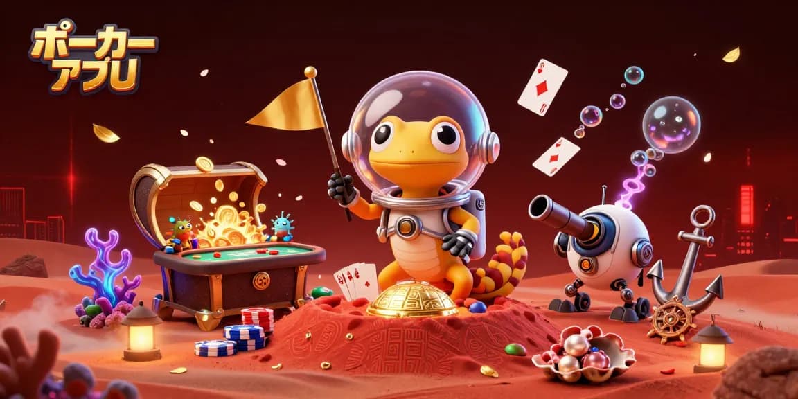 ポーカーアプリの楽しいシーンを描いたイラスト、異星の秘密のカジノを発見する様子。