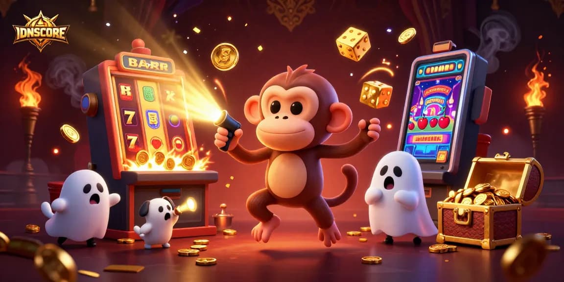 IDNSCORE showcases exciting gameplay with a playful monkey juggling gold coins in a vibrant casino.