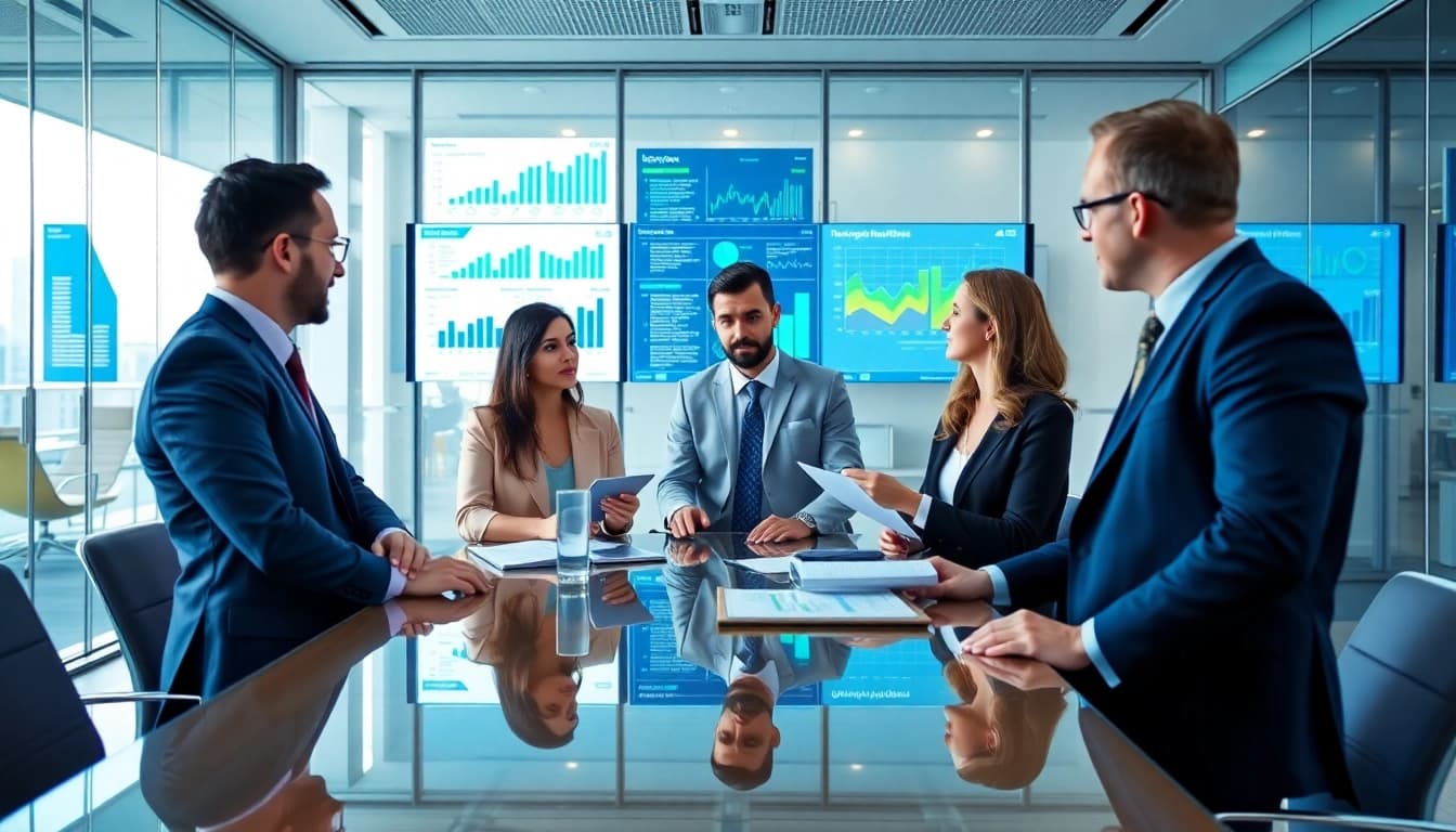 Analyze b2b competitive intelligence strategies with a focused team in a modern office.