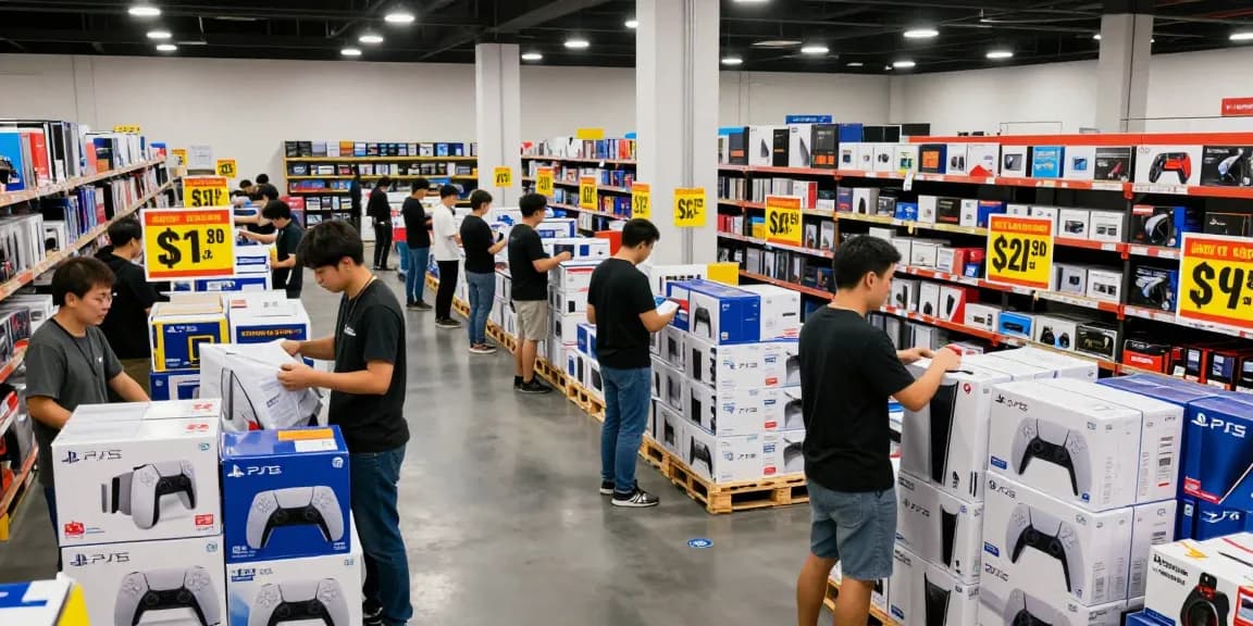 Discovering deals on PS5 pallets liquidation at a bustling retail warehouse.