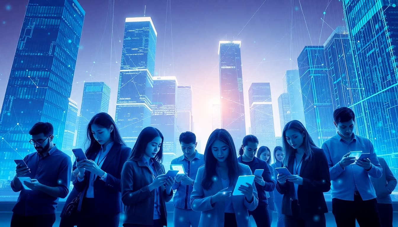Explore Technology through diverse individuals collaborating with modern devices in a futuristic city.